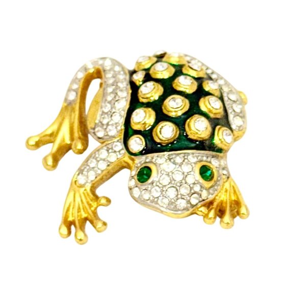 Vintage 1980s Frog Brooch Enamel and Crystals - Picture 2 of 7